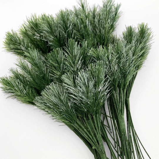 Bundle of 12 Green Fabric Pine Sprigs with White Accents~ Austria ~ 1-1/2" Long